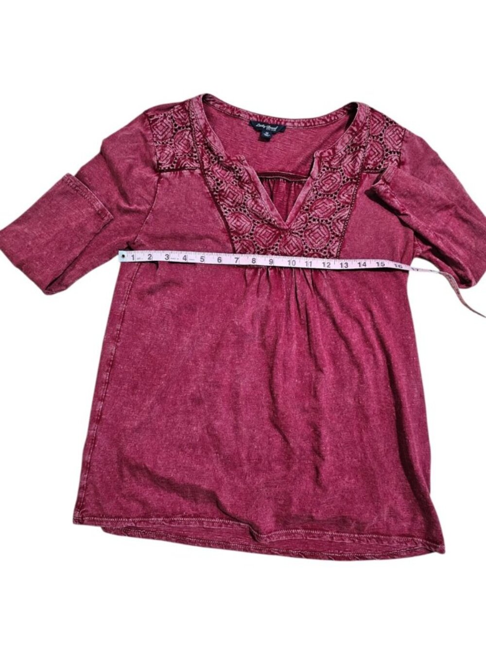 Lucky Brand Women M Blouse Deep Red Cotton Crochet Embroidered Boho Statement - Picture 7 of 7